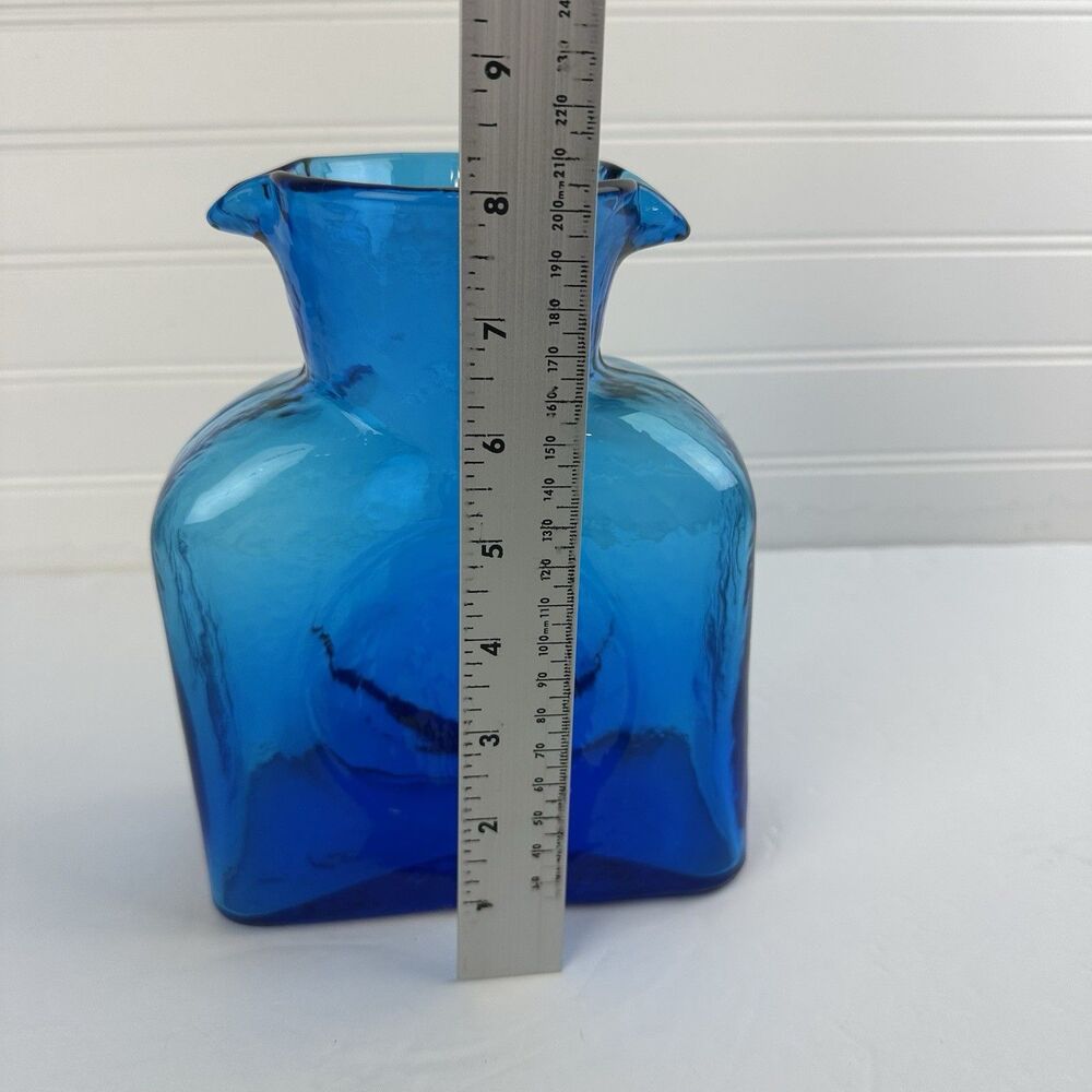 Blenko Glass Blue Double Spout Water Bottle Pitcher Carafe #384 Vintage Unmarked - Picture 12 of 15